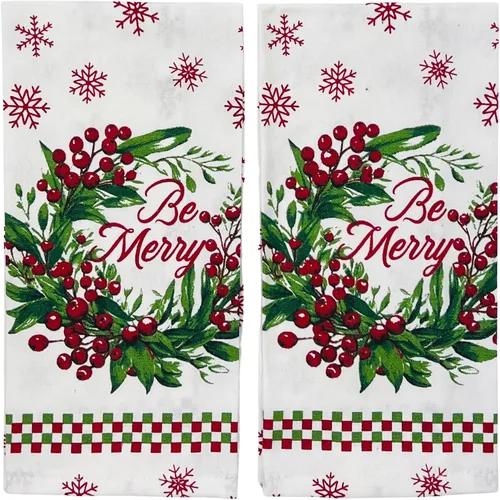 Vista 5 de Paños de Cocina y Agarraderas Navideños - Juego Alegre de Navidad de 4 Piezas 100% Algodón Verde Rojo Blanco - Dos (2) Paños de Cocina, Un (1)
