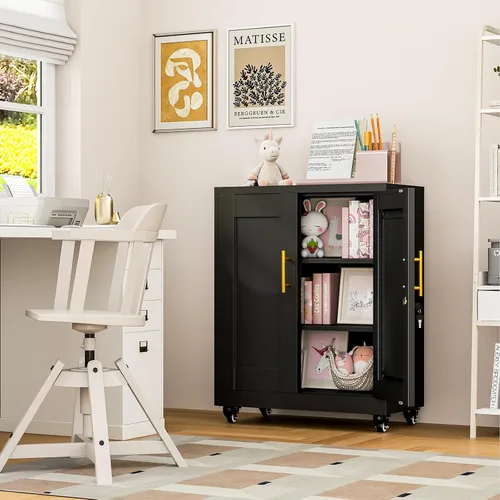 Vista 2 de Metal Garage Storage Cabinet, 36” Rolling Wheels Tool Cabinet with Lock-2 Adjustable Shelves, Locking Storage, Steel Locker Storage Systems for Home