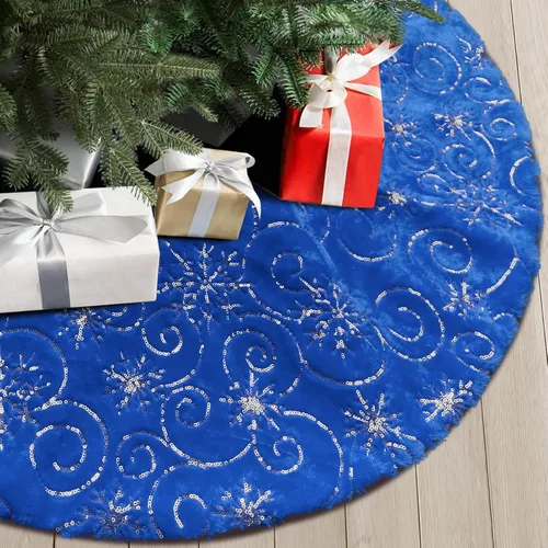 Vista 22 de Faldones de Felpa para Árbol de Navidad, 24 pulgadas, Lujosa Cubierta de Base de Árbol de Navidad de Piel Sintética Negra con Copos de Nieve Dorados