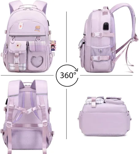 Vista 5 de Mochila para niñas - Mochila para libros, mochila escolar para niñas, niños, adolescentes, mujeres, casual, Púrpura, Mochilas escolares