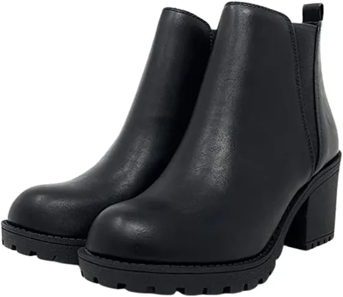 Vista 2 de Soda Botines de tacón grueso con suela de almendra para mujer, Poliuretano negro