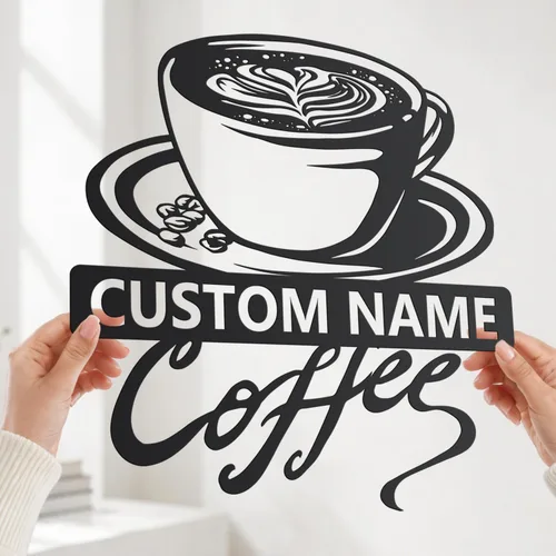 Vista 2 de Arte de pared de metal personalizado de café, letrero de café personalizado, letrero de nombre personalizado para amantes del café, regalo de arte