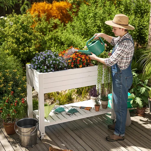 Vista 6 de PatioZen 33.66" Tall Raised Garden Bed with Legs(2 PCS),Resin Planter Box with Lockable Wheels Drainage Plug and Gauge for Flowers, Vegetables