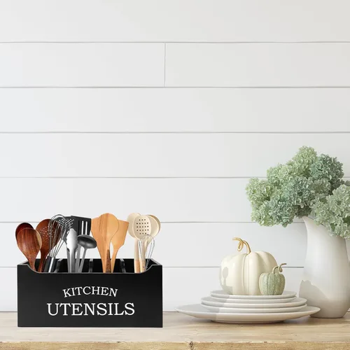 Vista 8 de Soporte para utensilios de cocina de madera, extra grande, 4 compartimentos, con parte inferior de drenaje para encimera, organizador