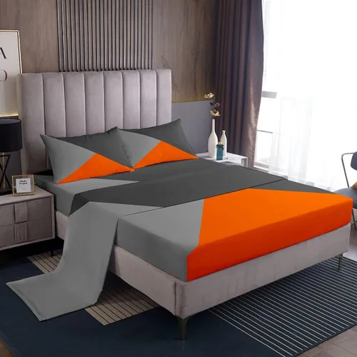 Vista 2 de Juego de sábanas de triángulo geométrico, color naranja, gris oscuro, gris claro, juego de ropa de cama individual para adolescentes y niñas, juego