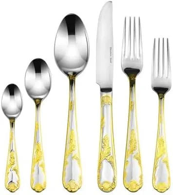 Vista 3 de Juego de cubiertos de lujo de 75 piezas para 12 con estuche de almacenamiento de oro de 24 quilates, servicio de cubiertos de comedor de alta