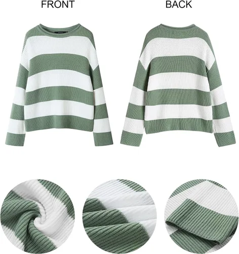 Vista 4 de ZESICA - Suéter tejido sin botones de manga larga y cuello redondo para mujer, a rayas, bloques de color, cómodo, holgado, talla extragrande