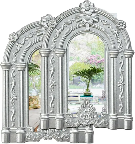 Vista 11 de ZEXUIRU 2 piezas de espejo de pared arqueado para ventana, espejo de acento rústico de granja, espejo de entrada con marco de madera para sala