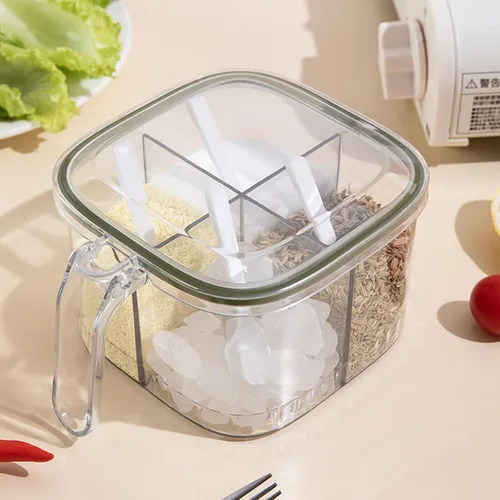 Vista 2 de TOPINCN Caja de condimentos con 4 compartimentos con tapa y 4 cucharas de servir, recipiente transparente para condimentos, contenedor de cocina