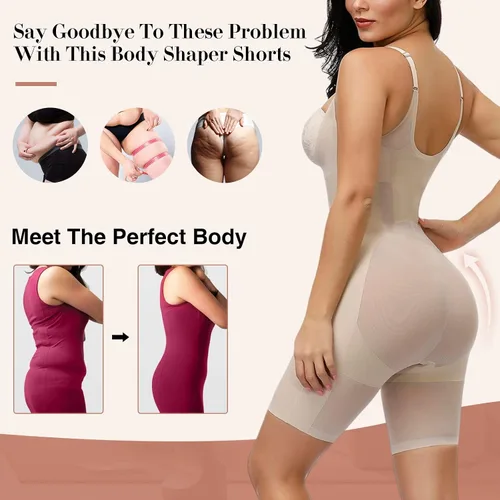 Vista 2 de Fajas colombianas con control de abdomen para mujer, sin costuras, busto abierto, medio muslo, moldeador de cuerpo, pantalones cortos, W-beige