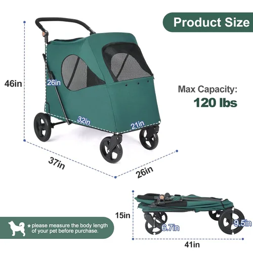 Vista 2 de Timati Cochecito grande de 4 ruedas para perros, cochecito plegable para mascotas, asa ajustable, entrada de cremallera, cochecito de malla