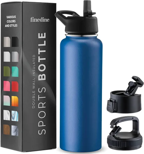 Vista 42 de FineDine Botellas de agua aisladas de triple pared con popote, botella de metal de acero inoxidable de 25 onzas con 3 tapas a prueba de fugas