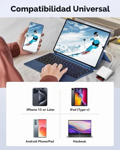 Vista 3 de Lector de tarjetas SD USB C para iPhone 15/teléfono Android/iPad/Mac/computadora portátil, lector de tarjetas micro SD de tres ranuras para tarjetas