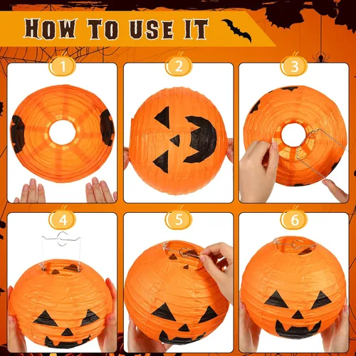 Vista 4 de Retisee 12 faroles de papel de calabaza de Halloween de 12 pulgadas, farol de calabaza naranja, farol de papel para fiesta de Halloween, calabaza