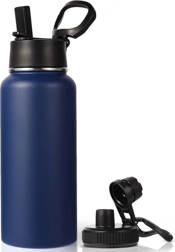 Vista 48 de Neihepal Botella de agua aislada de 32 onzas con 2 tapas (tapa con pajilla y boquilla), botellas de agua de doble pared de acero inoxidable 18/8