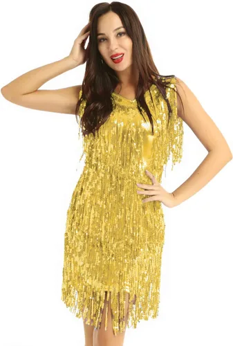 Vista 12 de Aislor Vestido de baile latino para mujer, con borlas y lentejuelas, vestido de baile de tango Negro