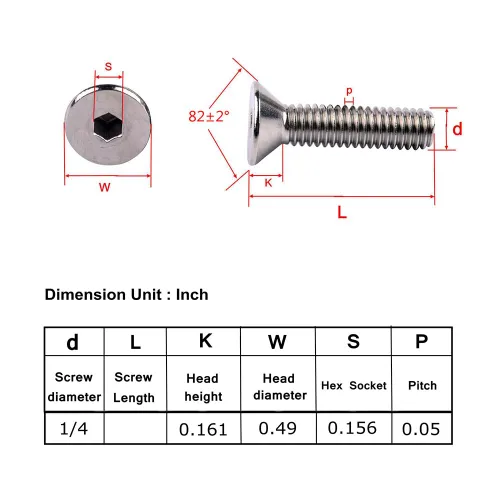 Vista 6 de Tornillos avellanados de cabeza plana de 1/4-20 x 1-1/2", pernos de casquillo hexagonal, acero inoxidable 304 18-8, rosca de máquina completa