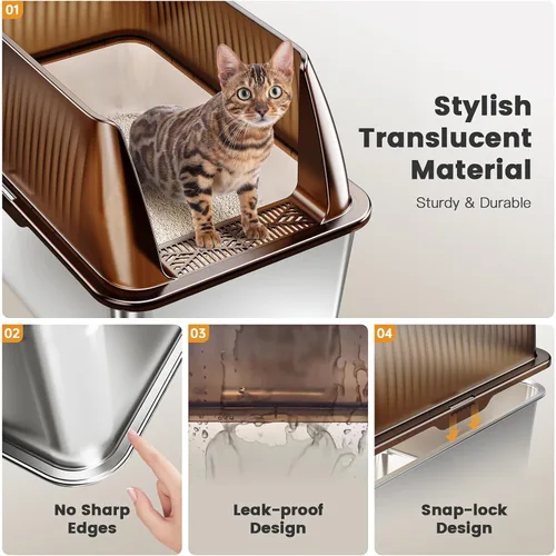 Vista 6 de Tripamin Caja de arena para gatos de acero inoxidable XL de 15 pulgadas, lados altos XXL de acero inoxidable con tapa, caja de arena de metal