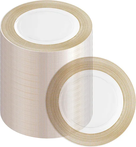Vista 36 de PARTY BARGAINS Placas de carga de 13 pulgadas, paquete de 4, borde dorado transparente, cargadores desechables resistentes para comedor elegante Un