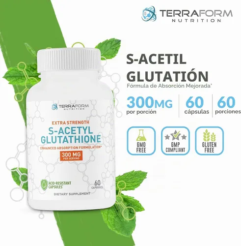 Vista 2 de TerraForm Nutrition S-acetil glutatión extra fuerte 300 mg – 60 cápsulas resistentes a los ácidos – Suplemento de glutatión premium – Suplemento SAG