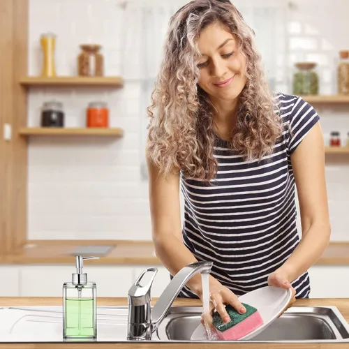Vista 6 de Dispensador de desinfectante de manos reutilizable de acrílico transparente para cocina y baño con bomba de acero inoxidable a prueba de óxido