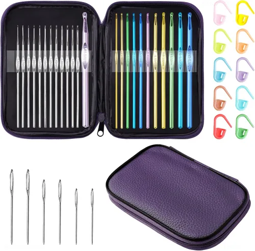 Vista 9 de Tomorotec Art - Juego de ganchos de ganchillo metálicos multicolores, agujas de tejer de aluminio para manualidades de hilo con bolsa