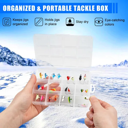 Vista 7 de Ice Fishing Jigs Lures kit, Luminous Ice Fishing Gear Crappie Panfish Jigs Head Fishing Hooks Set for Winter Ice Jigging Walleye Perch Bluegill