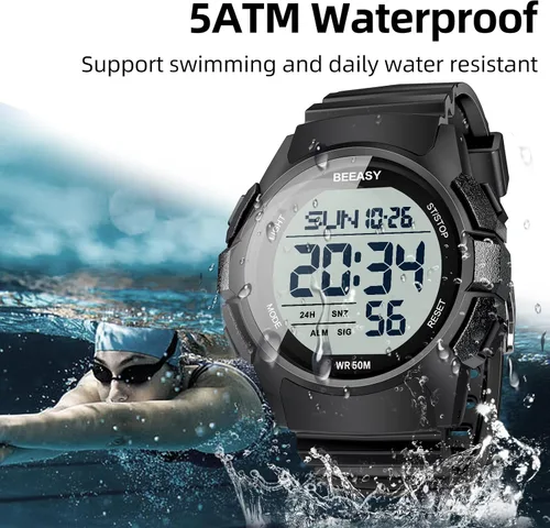 Vista 2 de Beeasy Reloj deportivo digital para hombre, reloj impermeable con cronómetro, temporizador de cuenta regresiva, función de alarma, correa de goma
