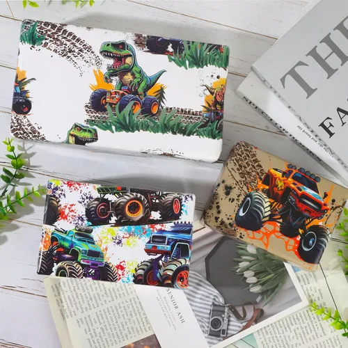 Vista 4 de Dtiafu Papel de regalo de camión monstruo para niños – Papel de regalo de coche de carreras a granel plegado plano para cumpleaños, baby shower