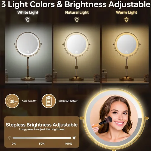 Vista 6 de Espejo de maquillaje iluminado de 9 pulgadas con 1 aumento de 10x, espejo de tocador de aumento recargable de 5000 mAh con luces, 3
