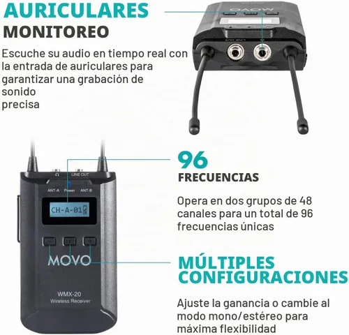 Vista 4 de Movo WMX-20-DUO Sistema de micrófono inalámbrico UHF de 48 canales con 1 receptor, 2 transmisores y 2 micrófonos de solapa compatible con cámaras
