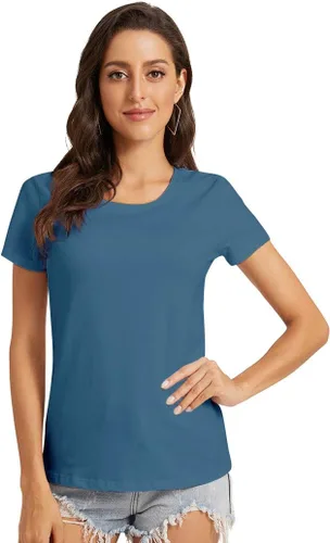Vista 2 de VIIOO Camiseta básica de media manga con cuello redondo para mujer, casual, color liso, de algodón