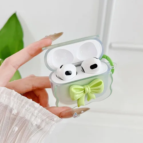 Vista 2 de Linda funda transparente para AirPods de 3ª generación, color verde, diseño de lazo femenino, TPU suave, a prueba de golpes, Kawaii Airpods