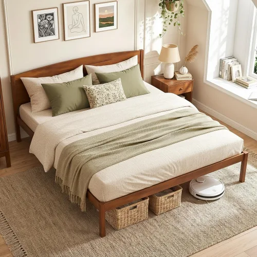 Vista 10 de KOMFOTT Marco de cama de tamaño individual, cama de plataforma de madera Nogal