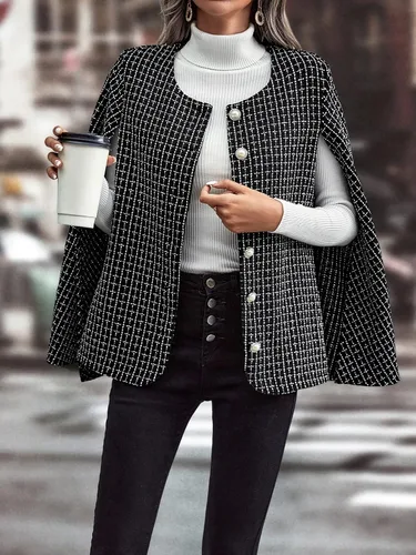 Vista 3 de WDIRARA Chaqueta de manga tipo capa con estampado a cuadros para mujer, cuello redondo, botones frontales, chaqueta