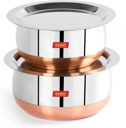Vista 9 de Sumeet Forma de vientre inferior de cobre de acero inoxidable 2 piezas Tope/Cookware/Pot Set con tapa 1.4Ltr, 1.75Ltr (Plata)