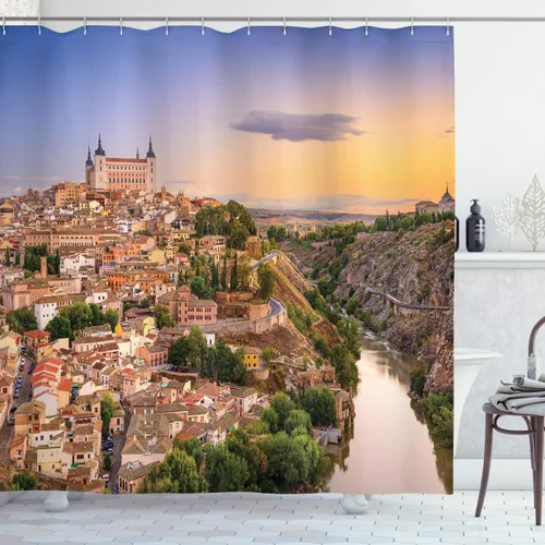 Vista 83 de set de cortina para baño decorativa de tela de poliéster con ganchos