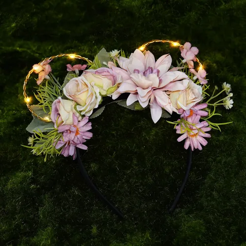 Vista 5 de Diadema LED con orejas de ratón y flores, corona para adultos, mujeres y niñas, para parque de adultos, orejas de ratón iluminadas, para temática