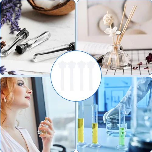 Vista 5 de 100 tiras de prueba de perfume de papel en forma de flor desechables blancas para fragancias, aromas, aceites esenciales, pruebas de aromaterapia
