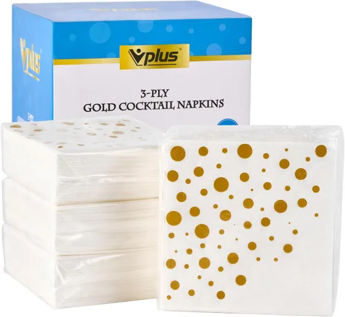 Vista 10 de Vplus Paquete de 100 servilletas de cóctel de papel, servilletas de bebidas de 3 capas, servilletas cuadradas doradas desechables, perfectas