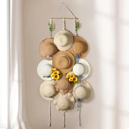 Vista 11 de Organizador de Sombreros de Macramé para Pared 15 Clips 31x53 Pulgadas Colgadores Grandes Exhibidor para Sombreros Fedora para Soporte de Sombreros