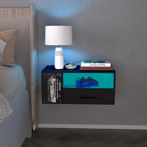 Vista 3 de Homaterial Mesita de noche flotante con estación de carga y luces LED, mesita de noche flotante con cajones, mesitas de noche montadas en la pared
