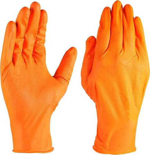 Vista 2 de LOGO Guantes desechables de nitrilo naranja-7.5mil Grip Diamond Textured Heavy Duty Automotive Mechanic compostable (50 piezas/caja)