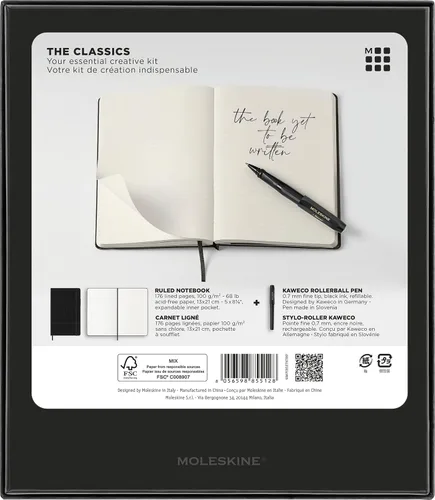 Vista 8 de Moleskine - Kit creativo esencial, tapa dura, grande (5 x 8.25 pulgadas), contiene cuaderno a rayas grandes y bolígrafo Moleskine x Kaweco, negro