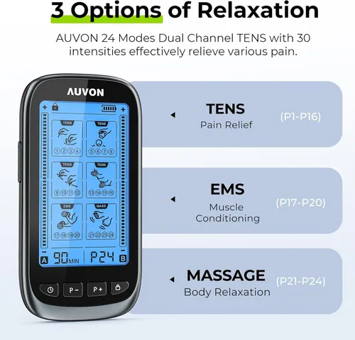 Vista 3 de AUVON Estimulador muscular de unidad TENS 3 en 1, masajeador de pulso electrónico de doble canal, máquina TENS EMS, 24 modos de masaje muscular