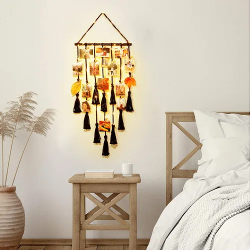 Vista 3 de Homecor Decoración de pared colgante de macramé negro, decoración bohemia para habitación, collage de marcos de fotos con luz remota, 30 clips
