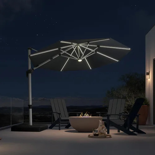 Vista 15 de PURPLE LEAF Sombrilla de patio de 9 x 12 pies con luces, sombrilla rectangular voladiza para exteriores, funciona con energía solar, LED