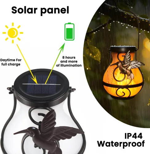Vista 5 de Paquete de 2 linternas solares para colgar en el exterior, luces solares de jardín al aire libre impermeables con llama parpadeante, linterna LED