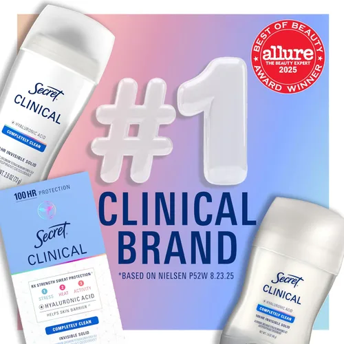 Vista 5 de Secret Clinical Strength 100HR - Desodorante antitranspirante sólido suave para mujeres, 3 veces protección contra el estrés con ácido hialurónico
