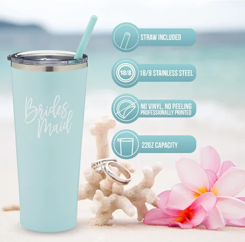 Vista 2 de Vaso de dama de honor, color menta marinera, acero inoxidable aislado al vacío, regalo personalizado para despedida de soltera, despedida